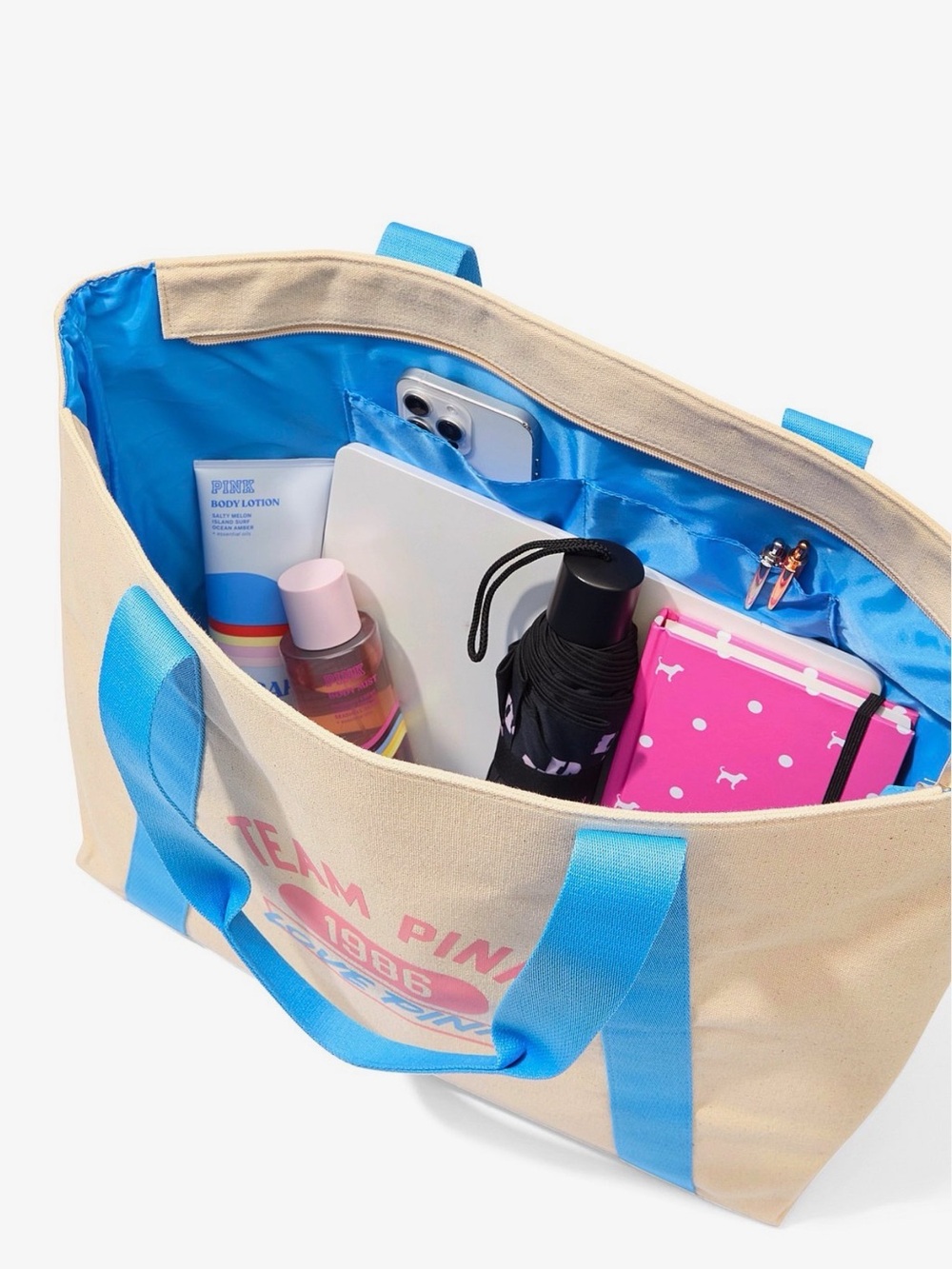 🩷 Victoria's Secret PINK Canvas Tote Bag NIP NWT blue VS team love 1986 zip